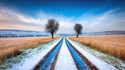 Winter road through golden fields.  Two bare trees flank a snow-covered,  blue-striped track;  sunrise paints the sky with soft colors