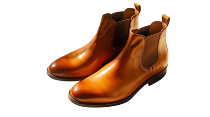 Elegant pair of brown leather chelsea boots isolated on transparent background, perfect for adding a touch of classic style to any outfit, showcasing timeless design and quality craftsmanship