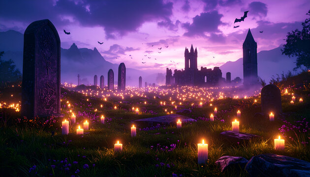 An otherworldly landscape depicting a medieval castle ruin surrounded by an ancient graveyard. The ground is covered with glowing candles and patches of wildflowers, while bats fly across a dramatic.