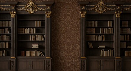 Vintage style wallpaper library with ornate bookshelf frames