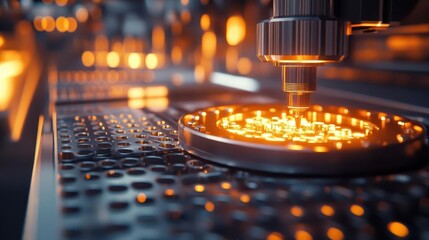 A bright production floor where tools glow with precision as workers perform intricate tasks