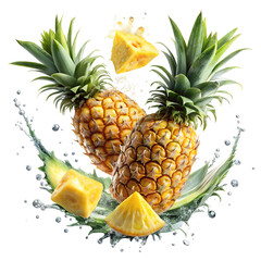 Pineapple, Whole Pineapple, Half-Cut Pineapple, and Wedge Slices with Water Droplets and Pineapple Juice Splash