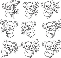 Collection of adorable hand drawn koala illustrations climbing eucalyptus branches