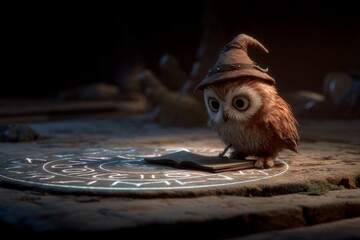 Adorable wise owl wearing a wizard hat examines ancient book with magical symbols on a mystical wooden surface