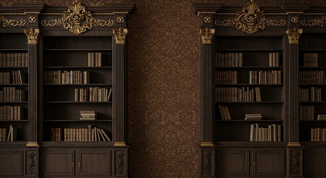 Vintage style wallpaper library with ornate bookshelf frames