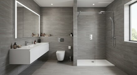 Fototapeta premium A sleek, modern bathroom with a floating vanity, a large walk-in shower with a frameless glass door, and clean, large-format grey tiles on the walls and floor.