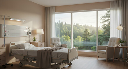 Bright and airy hospital room with a bed, chairs, and a large window overlooking a forest.