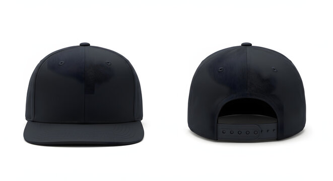Blank black snapback cap mockup with flat brim shown from front and back view, isolated on a white background.