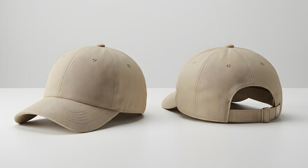 Beige baseball cap mockup with front and back views. Plain headwear template for design presentation, isolated on a neutral gray background.