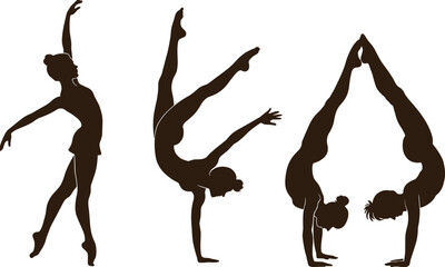 Female gymnast silhouettes in balance poses, acrobatic handstands, elegant dance movement, flexibility skills, athletic body shapes, artistic performance, black vector illustration, 