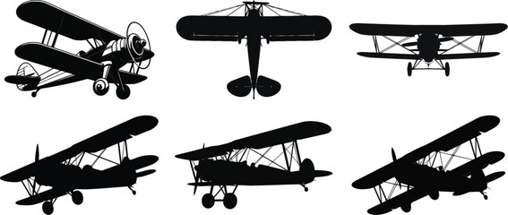Silhouette vector of old biplane aircraft in multiple views for aviation and history concepts