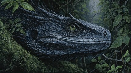 Close-up of dragon head, scales detailed, within dense green foliage