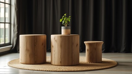 Rustic wooden log side tables and stool with plant on a woven rug in a modern room