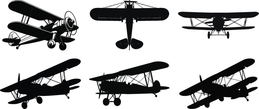 Silhouette vector of old biplane aircraft in multiple views for aviation and history concepts