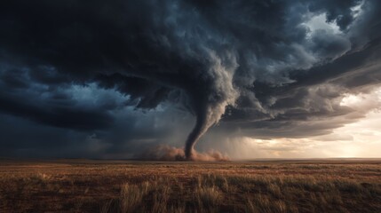 Dramatic Tornado Formation in Open Landscape Under Dark Storm Clouds Captured in a Breathtaking Natural Phenomenon