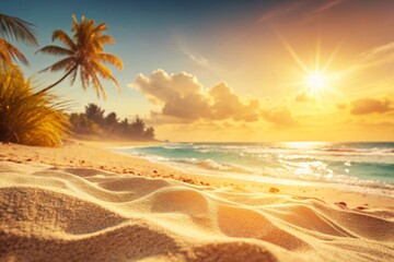 An abstract blurred background illustration of a sunny sand beach in summer with bright sunshine