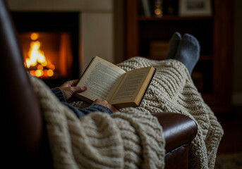 A person is reading a book by a fireplace with their feet up, covered by a warm knitted blanket in a cozy and comfortable setting