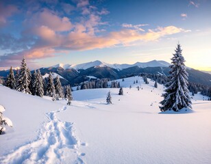 Stunning winter landscape with snow-covered pine trees and mountain hills under a bright sky. Ideal for nature themes, seasonal backgrounds, travel content, and holiday visuals. High-resolution scener