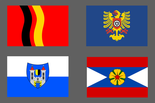 A set of 4 vector flags of Czech Republic, Flag of Bystre town, Svitavy District, Flag of Trinec, Flag of Jicin town, Flag of Mrakotin. Vector illustration
