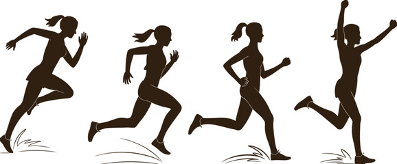 Silhouette of female runner, running woman in motion, fitness athlete sprinting, jogging outdoors, healthy lifestyle, energetic workout, athletic training, sporty female activity