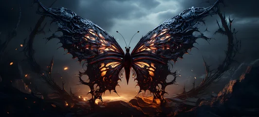 Wanddecoratie Grunge vlinders A haunted gothic butterfly perched on a wind-swept hill,generative AI  © Ka
