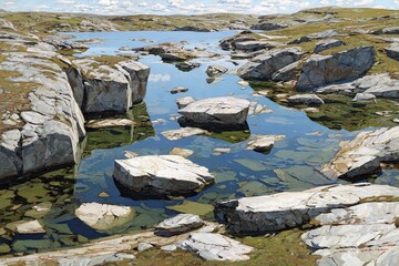 Fototapeta premium Tranquil lake scene, rocky shore