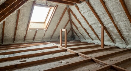 Attic Insulation: Spray Foam and Timber Framework - Energy-efficient attic showcasing spray foam insulation, timber framework, insulated ceiling, and a skylight.