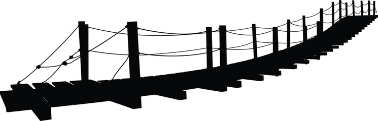 Silhouette of wooden suspension bridge, hanging footbridge illustration, rustic adventure path, rope bridge design, wilderness crossing, travel concept, outdoor hiking trail element