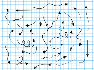 Hand drawn arrow mark icons vector with grid square graph line full page on white paper background.