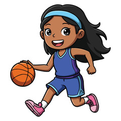 Girl Dribbling Basketball - Cartoon Illustration