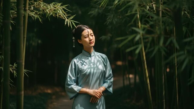 Woman in cheongsam standing in bamboo forest