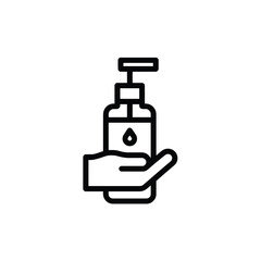 Fototapeta premium Hand holding dispenser with liquid soap. Cleanliness and hygiene line icon