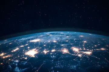 digital earth grid floating in space, formed by lines and data points, no human presence 
