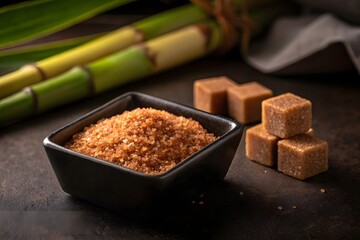 Brown sugar cubes and granules with sugarcane stalks