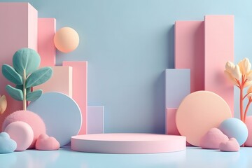 Pastel geometric platforms with soft shapes and plant