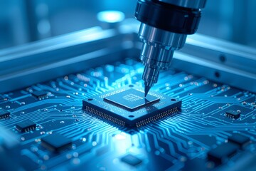 Robotic arm working on a blue circuit board with C P U