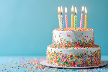 Two tiered white birthday cake with colorful sprinkles and lit candles