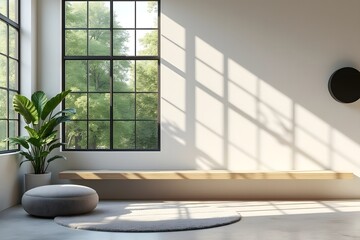 Sunlit minimalist living room with large window and green plant
