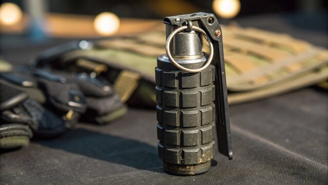 Close-Up of Tactical Flashbang Grenade on Dark Surface with Visible Safety Mechanism