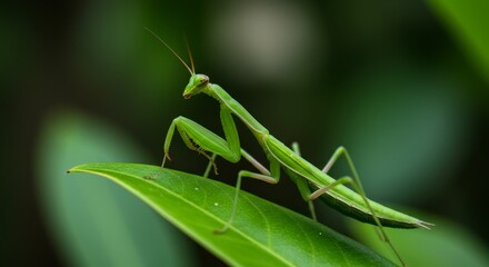 Green Praying Mantis on Leaf - Close-up of a vibrant green praying mantis perched on a lush green leaf, showcasing intricate details