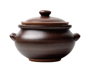 Dark brown, handcrafted ceramic pot with lid