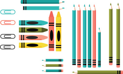 Colorful school supplies arrangement, pencils, crayons, paper clips, stationery, vibrant education tools, classroom essentials, creative art materials, top view