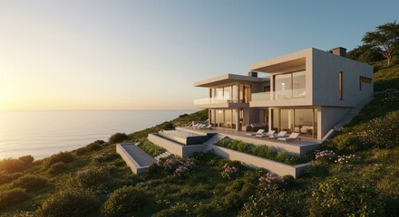 Fototapeta premium Hillside Ocean View Estate - Modern luxury home, oceanfront property, sunset view, infinity pool, tranquil setting. Symbolizing: opulence, serenity, escape, exclusivity, coastal living