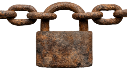 Ancient Security: A weathered padlock and chain, relics of a bygone era, bearing the marks of time and exposure, symbolize protection and security.