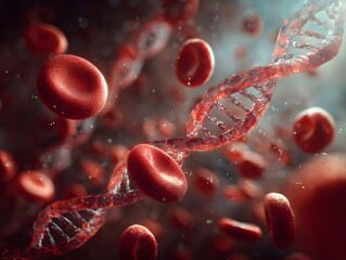 Red blood cells and DNA strands circulate in a microscopic view.