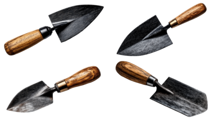Gardening Trowels at Different Angles: A set of gardening trowels, expertly crafted with wooden handles and durable metal blades, is artfully displayed from various perspectives. Each trowel.
