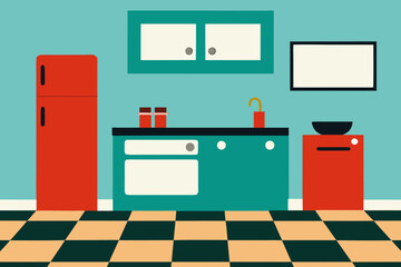 Vintage Kitchen With Checkered Floor And Retro Appliances