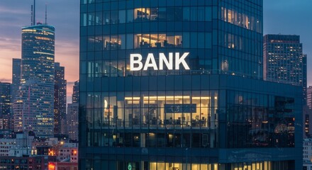 Fototapeta premium Modern Bank Building at Dusk - Sleek modern bank building at dusk in a cityscape, illuminated windows, BANK sign visible