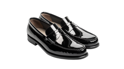 A pair of shiny black leather loafer shoes isolated on transparent background, perfect for formal wear and adding a touch of sophistication to any gentlemans wardrobe