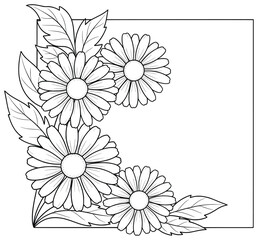 Floral Daisy Corner Frame – Elegant Line Art Illustration for Coloring Pages, Stationery, Invitations, Scrapbooking, and Botanical Decorative Designs